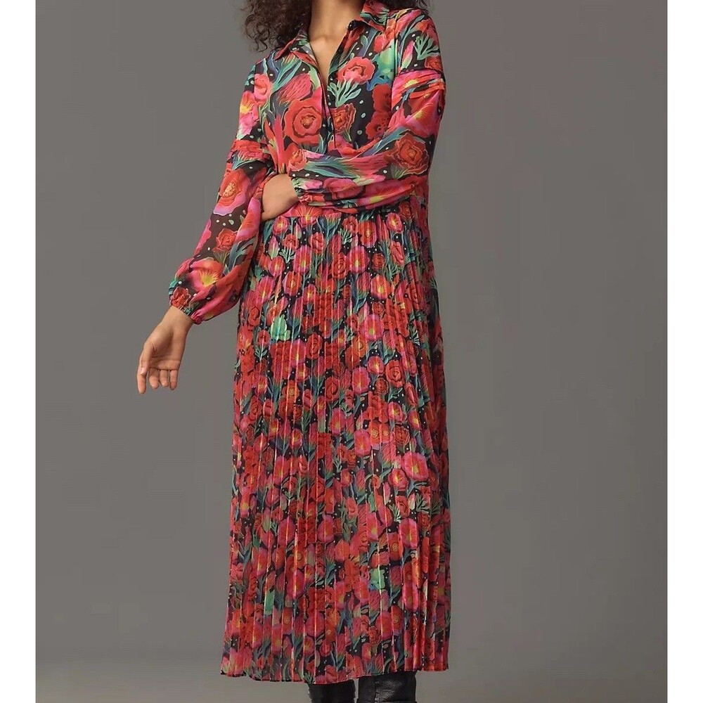 Farm Rio Dress Womens Size Large Anthropologie Pleated Drop-Waist Maxi Red NWT - Picture 1 of 10